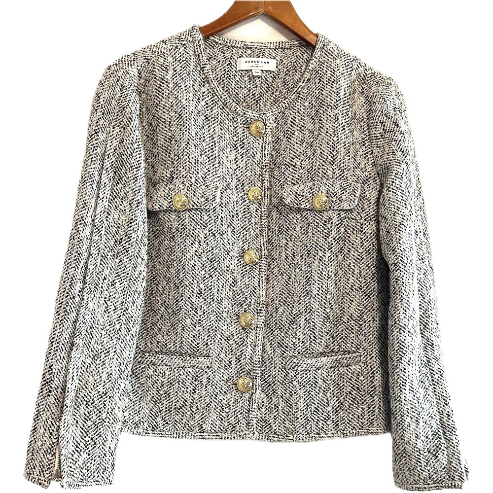 Derek Lam Collective Women's Jacket Blazer 46 Gray Tweed Button Front Wool Blend